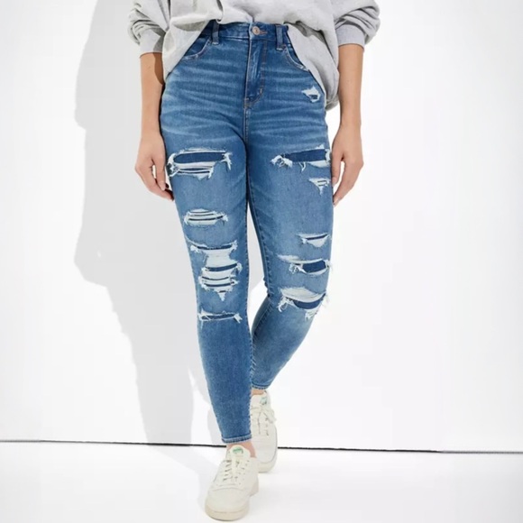 American Eagle The Dream Jean Curvy High Rise Jeggings Patched Ripped 12 SHORT - Picture 1 of 6